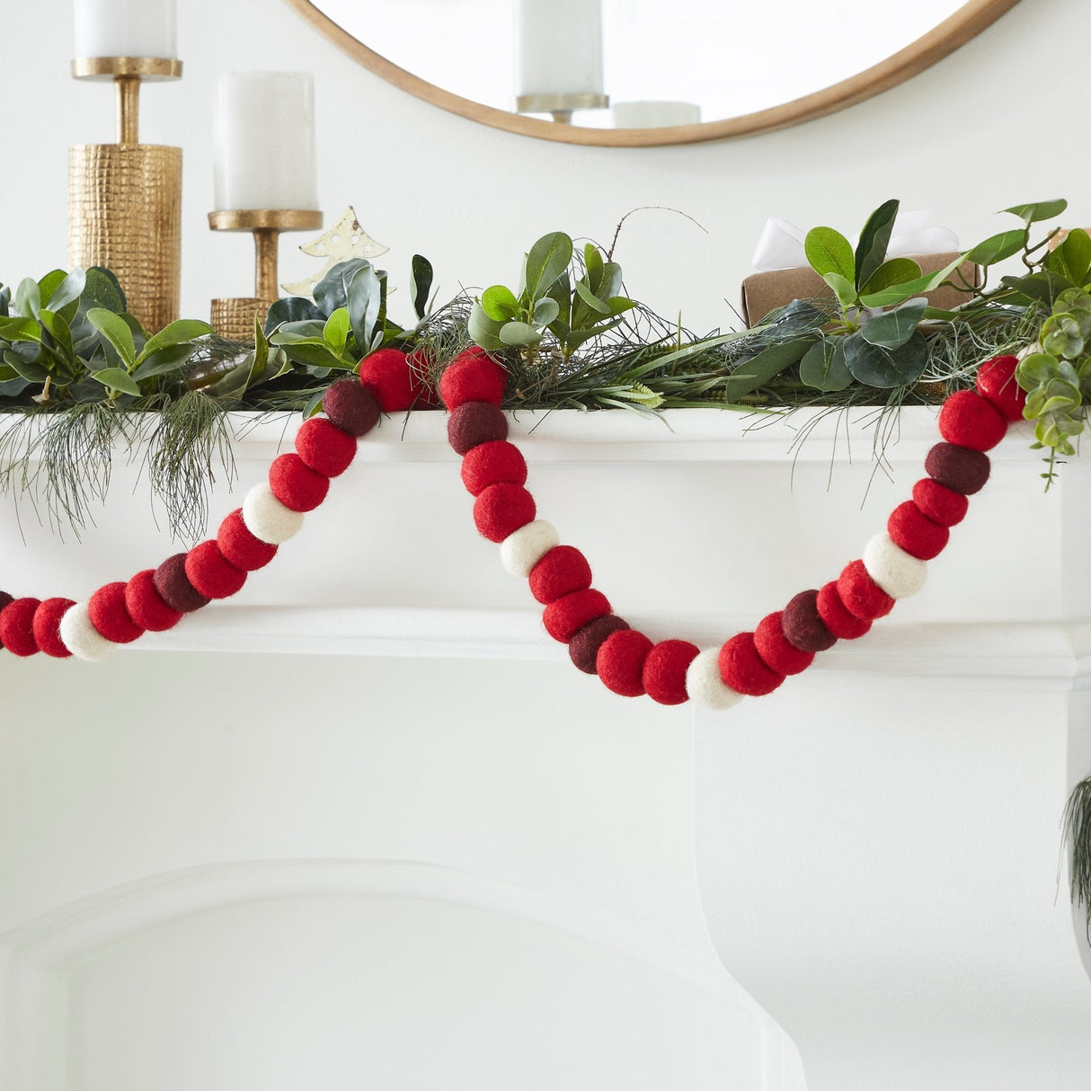 Hand Felted Wool Christmas Garland and Bunting - Red, Maroon, and Cream Balls - 6' Arcadia Home