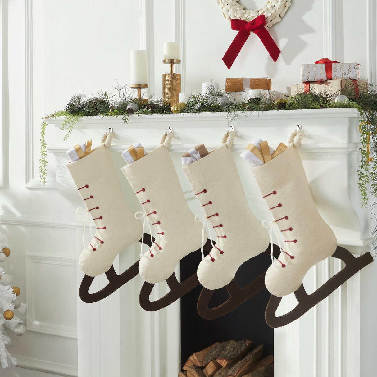 Ice Skate Hand Felted Wool Cream Christmas Stocking Skate Arcadia Home