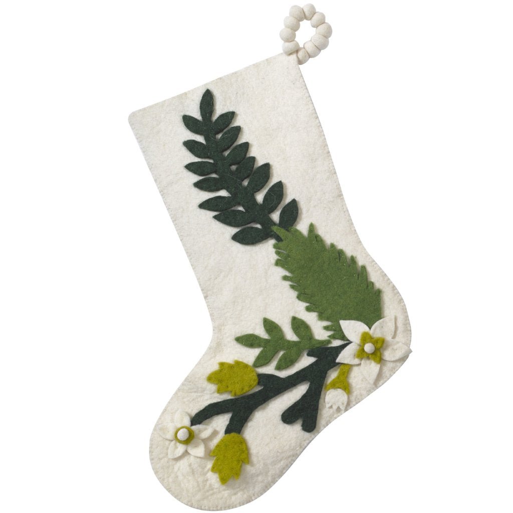 Hand Felted Wool Christmas Stocking - Green Leaves Cream Arcadia Home