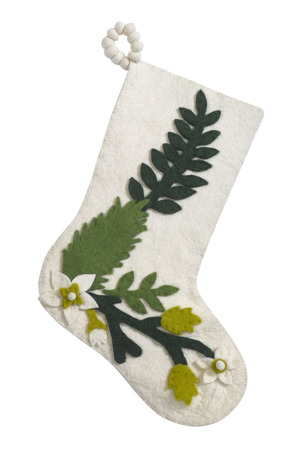 Hand Felted Wool Christmas Stocking - Green Leaves Cream Arcadia Home
