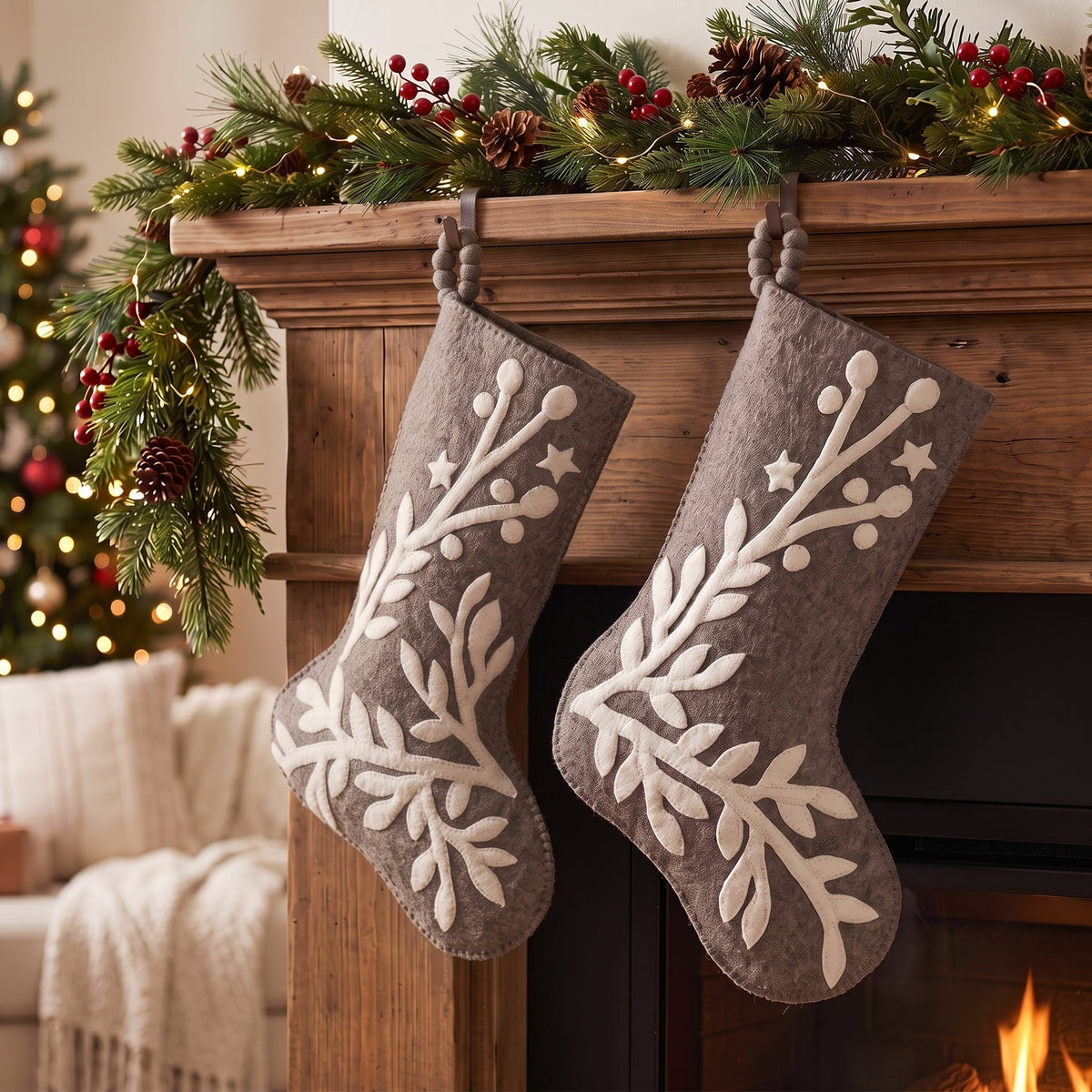 Hand Felted Wool Christmas Stocking, Stars and Branch Gray