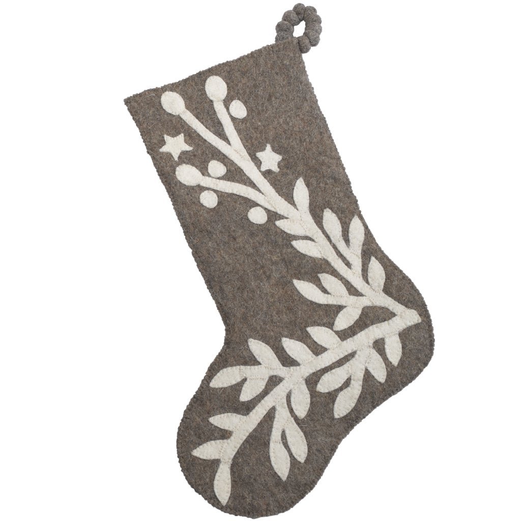 Hand Felted Wool Christmas Stocking, Stars and Branch Gray