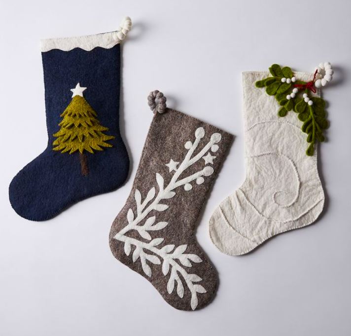 Hand Felted Wool Christmas Stocking, Stars and Branch Gray