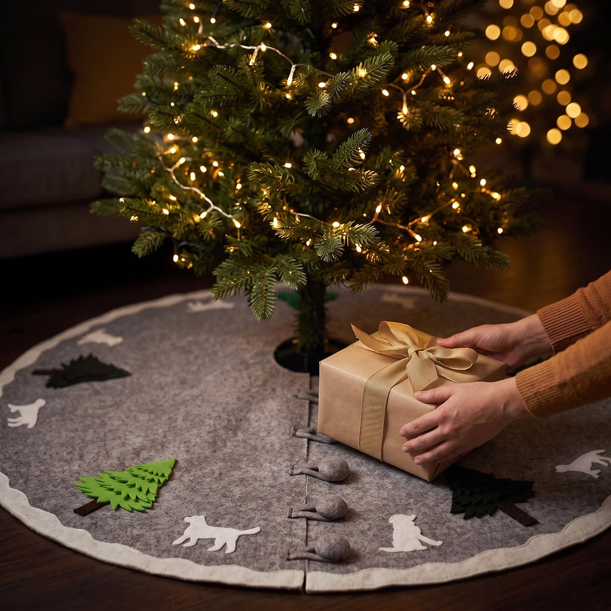 Hand Felted Wool Dogs and Trees Gray XL Christmas Tree Skirt 72"