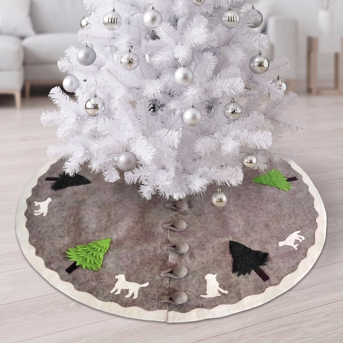 Hand Felted Wool Dogs and Trees Gray XL Christmas Tree Skirt 72"