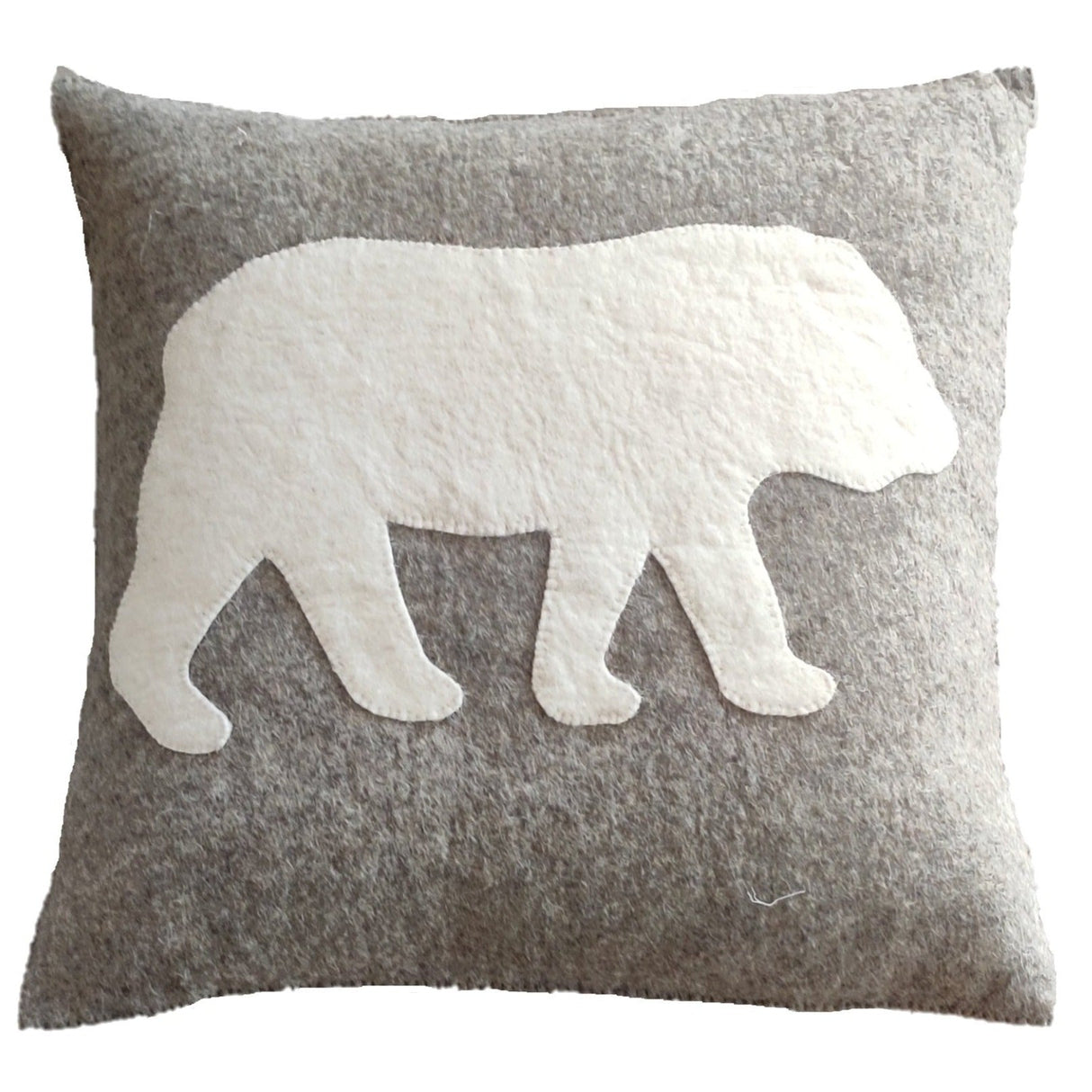 Hand Felted Wool Pillow - Cream Bear Silhouette Gray - 20"