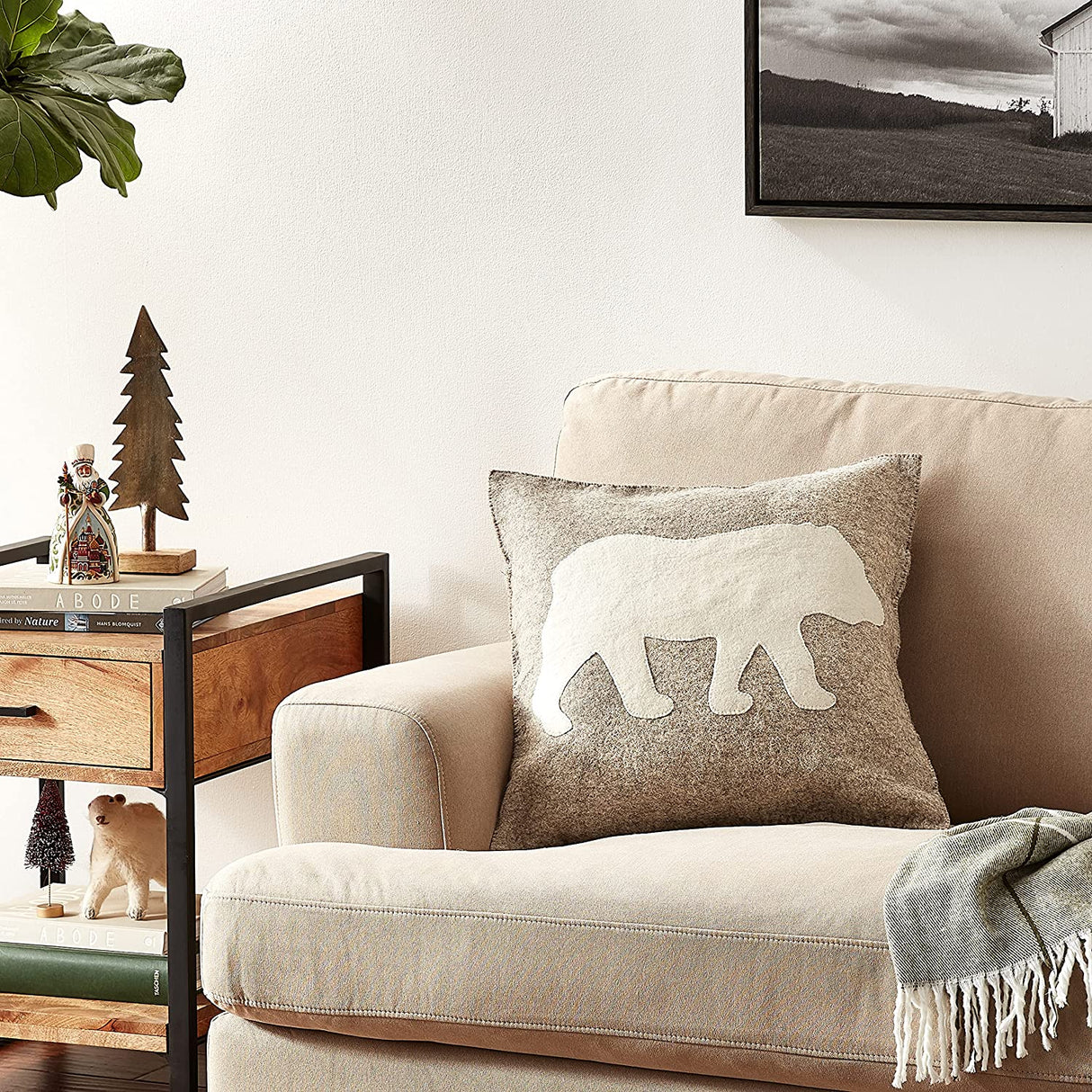 Hand Felted Wool Pillow - Cream Bear Silhouette Gray - 20"