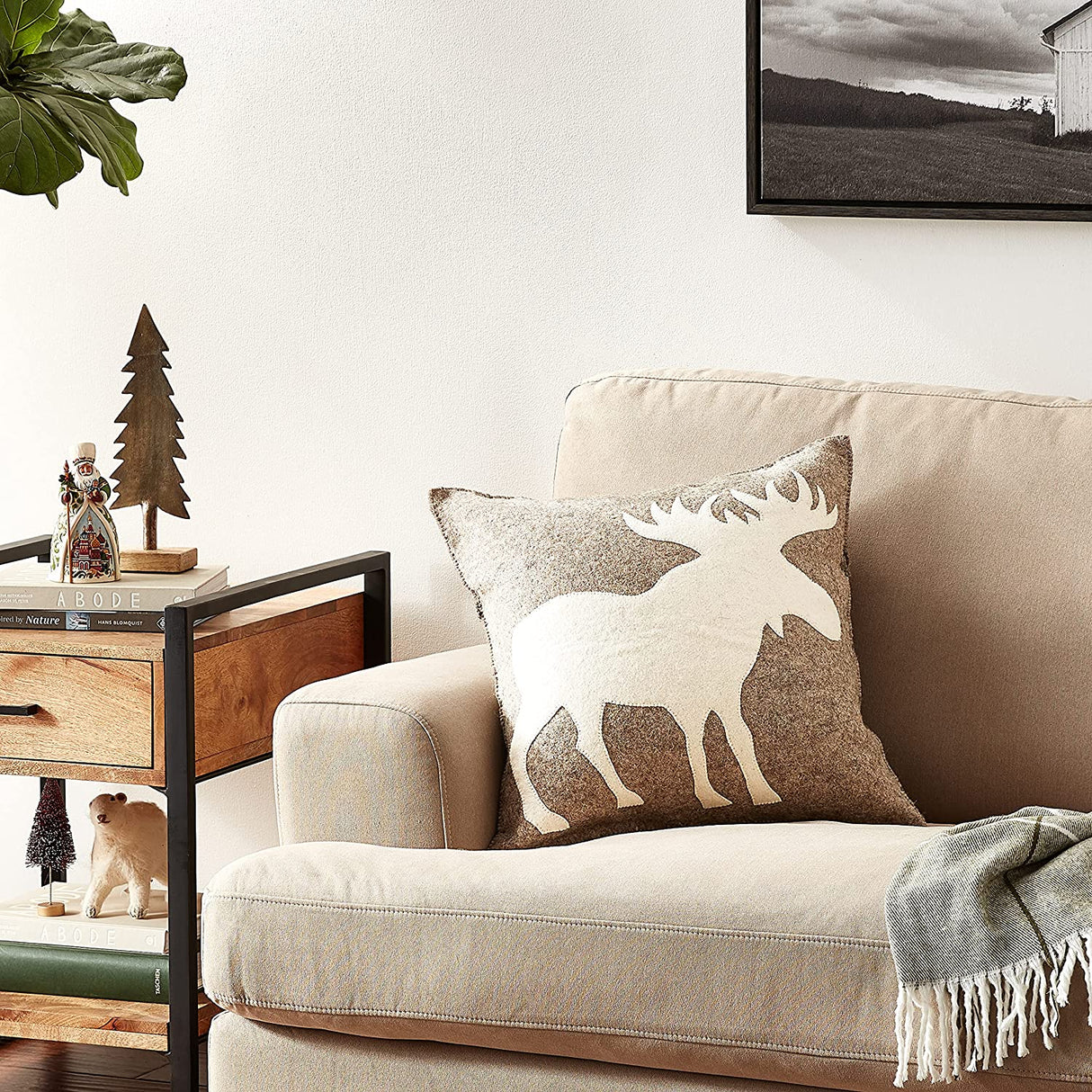 Hand Felted Wool Pillow - Cream Moose Silhouette Gray - 20"