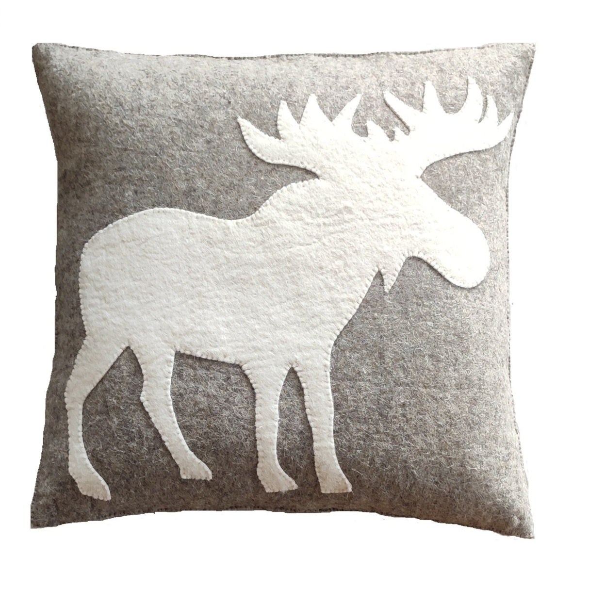 Hand Felted Wool Pillow - Cream Moose Silhouette Gray - 20"