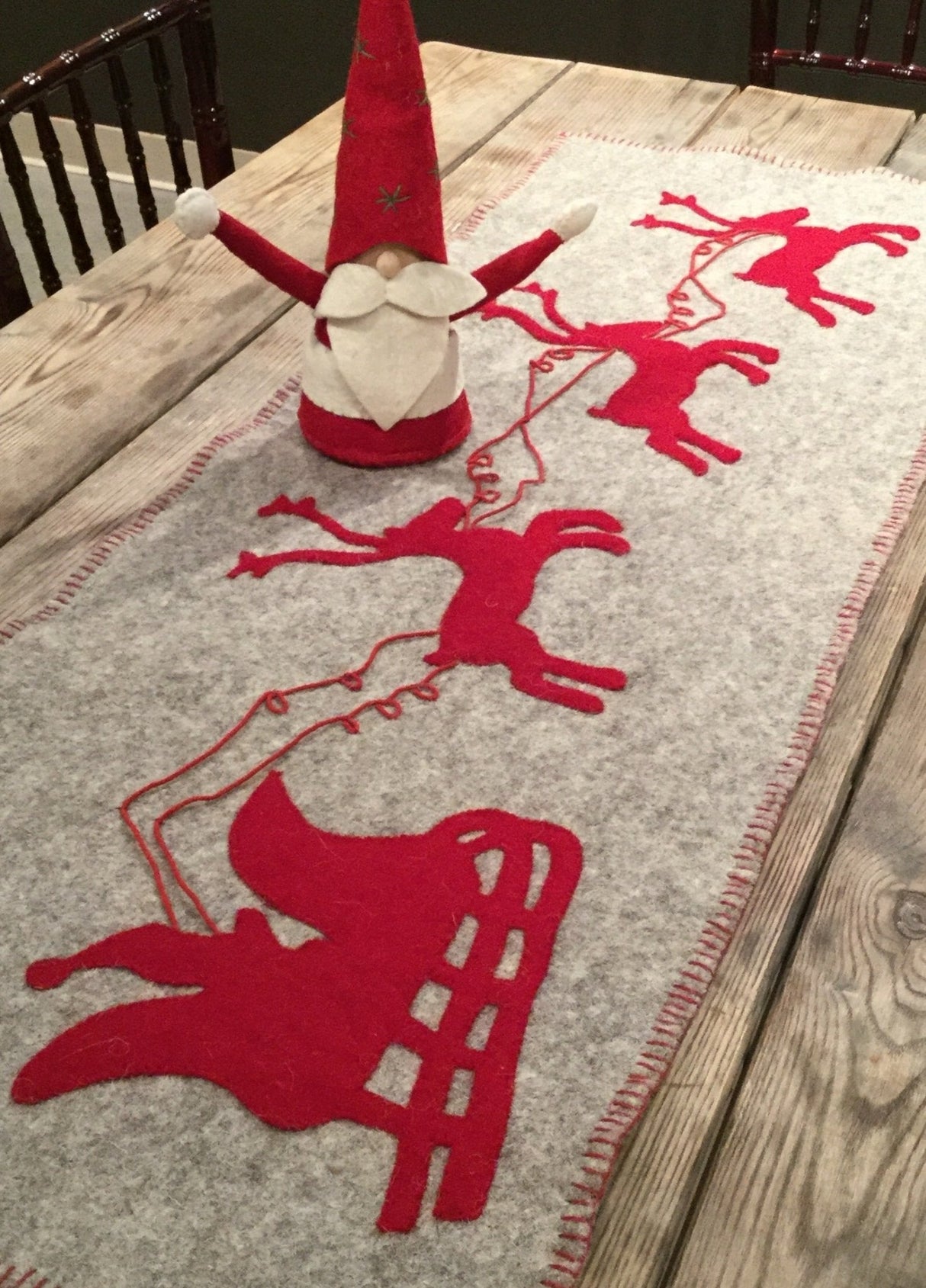Gray Hand Felted Wool Christmas Table Runner - Reindeer and Sleigh - 16"x44" Arcadia Home
