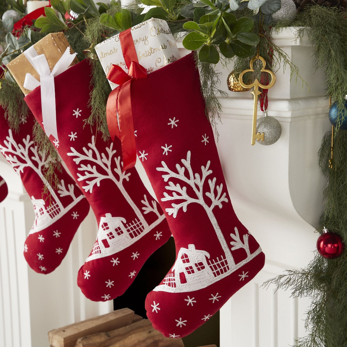 Snowy Village Embroidered Scene Red Handmade Christmas Stocking Arcadia Home