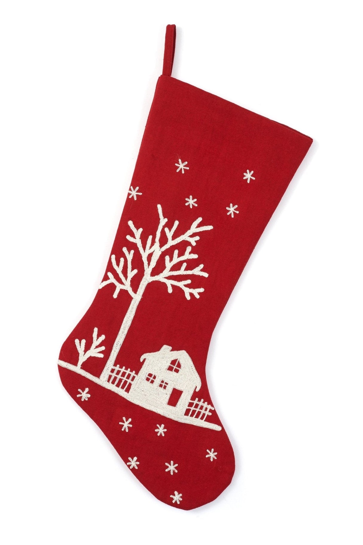 Snowy Village Embroidered Scene Red Handmade Christmas Stocking Arcadia Home