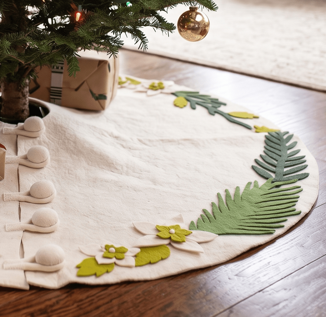 Handmade Christmas Tree Skirt Felt - Greenery Border Cream