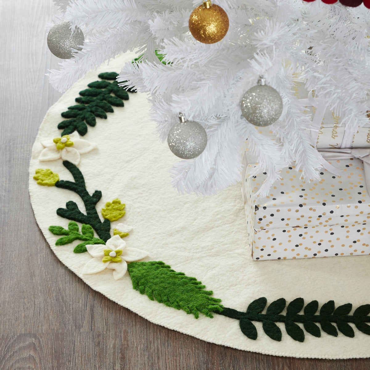 Handmade Christmas Tree Skirt Felt - Greenery Border Cream