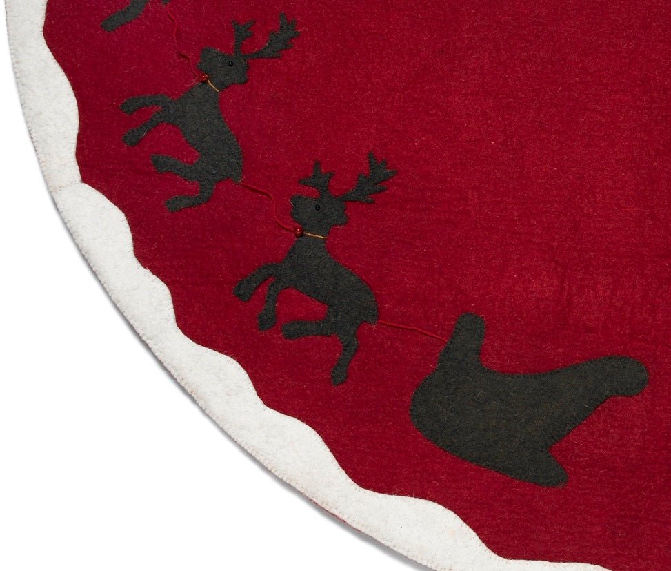 Handmade Felt Sleigh and Reindeer Red Christmas Tree Skirt 60" Arcadia Home