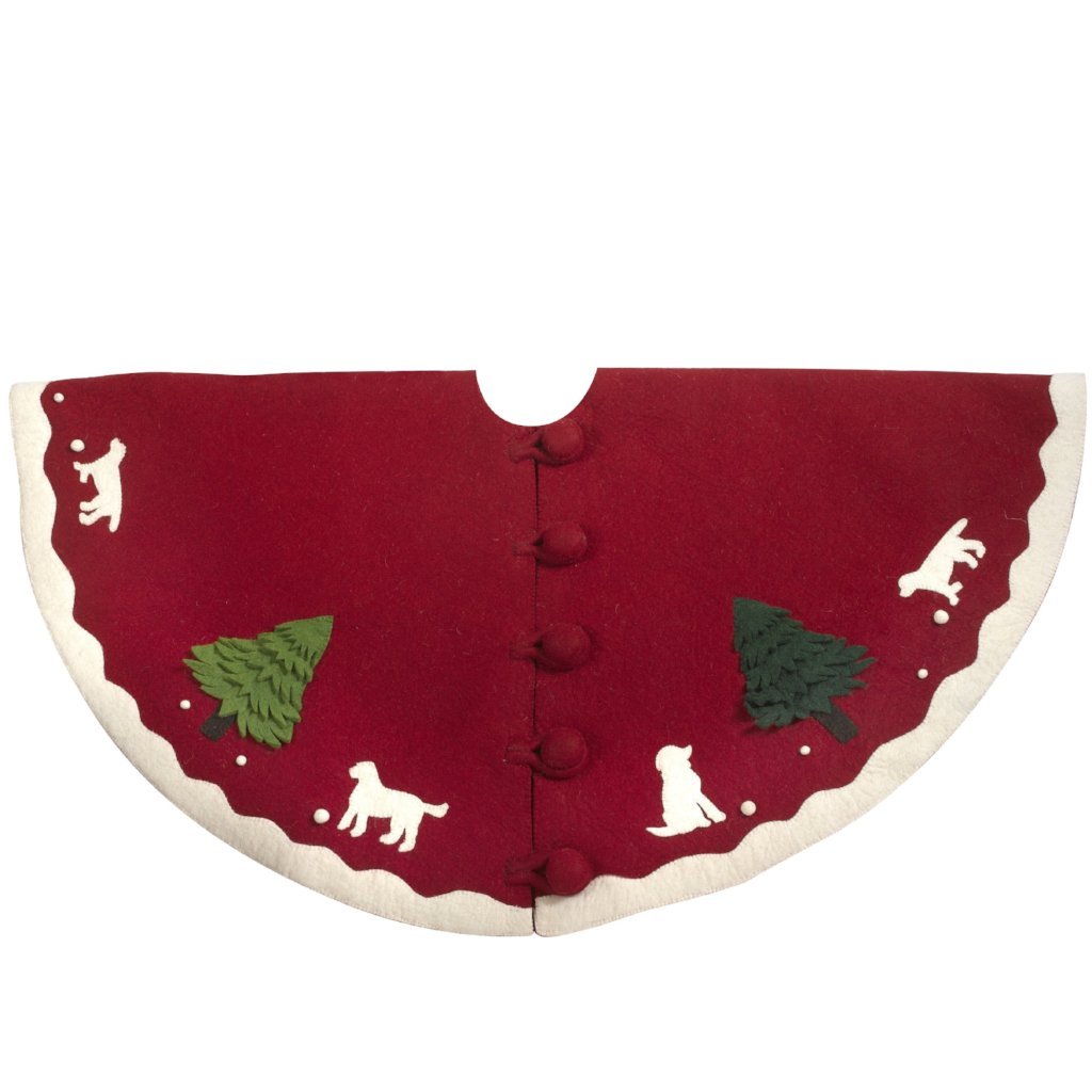 Hand Felted Wool Dogs and Trees Red Christmas Tree Skirt 60" Arcadia Home