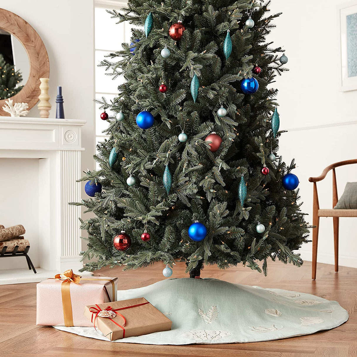 Handmade Seashells Light Blue Cotton Christmas Tree Skirt 60" Arcadia Home
