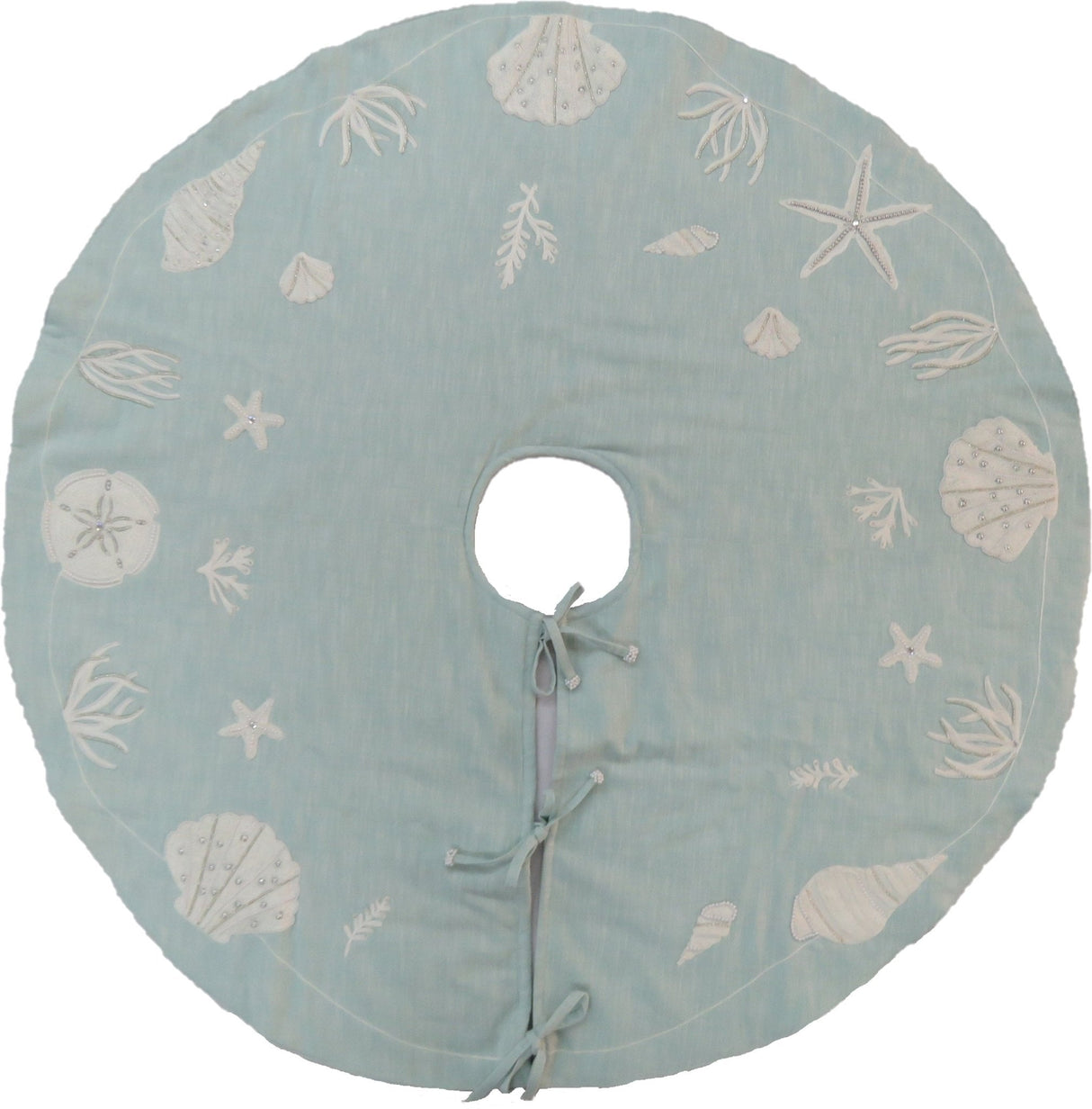 Handmade Seashells Light Blue Cotton Christmas Tree Skirt 60" Arcadia Home