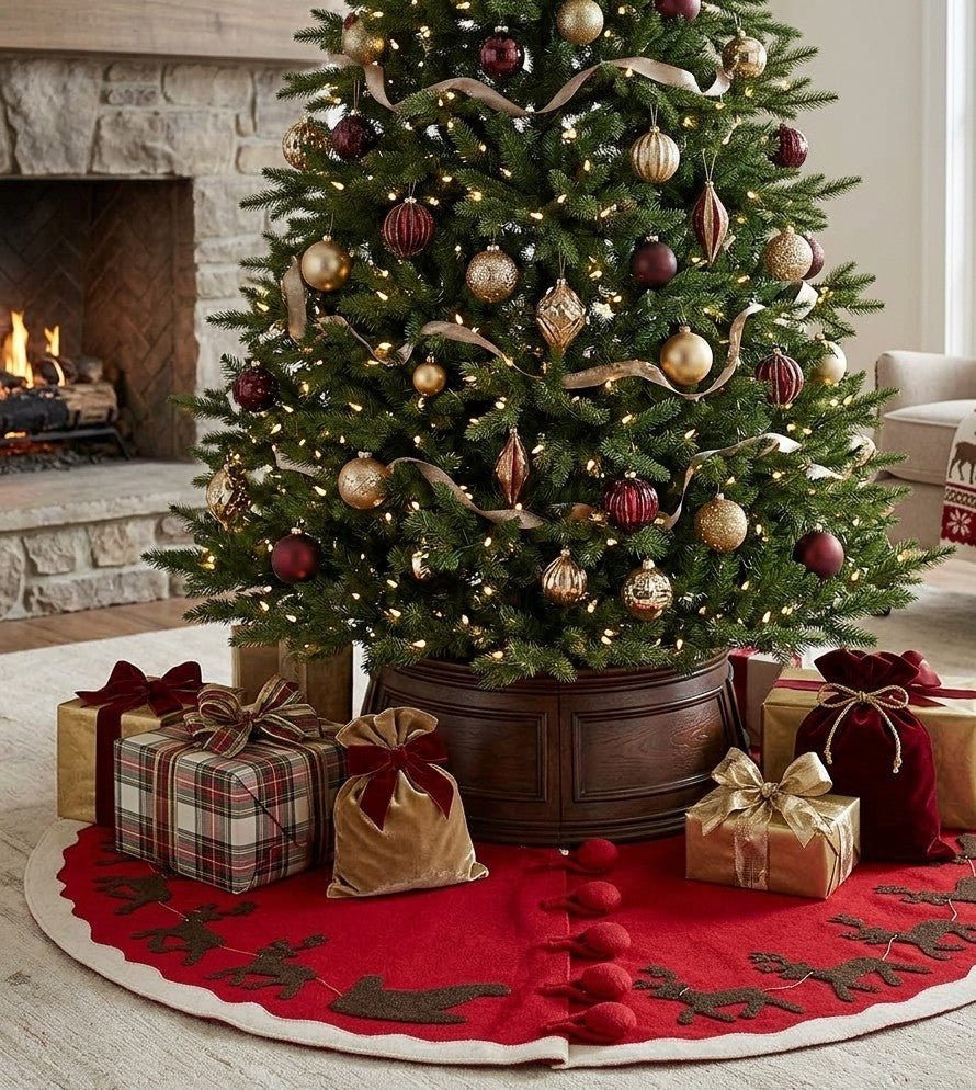 Handmade Felt Sleigh and Reindeer Red Christmas Tree Skirt 60"