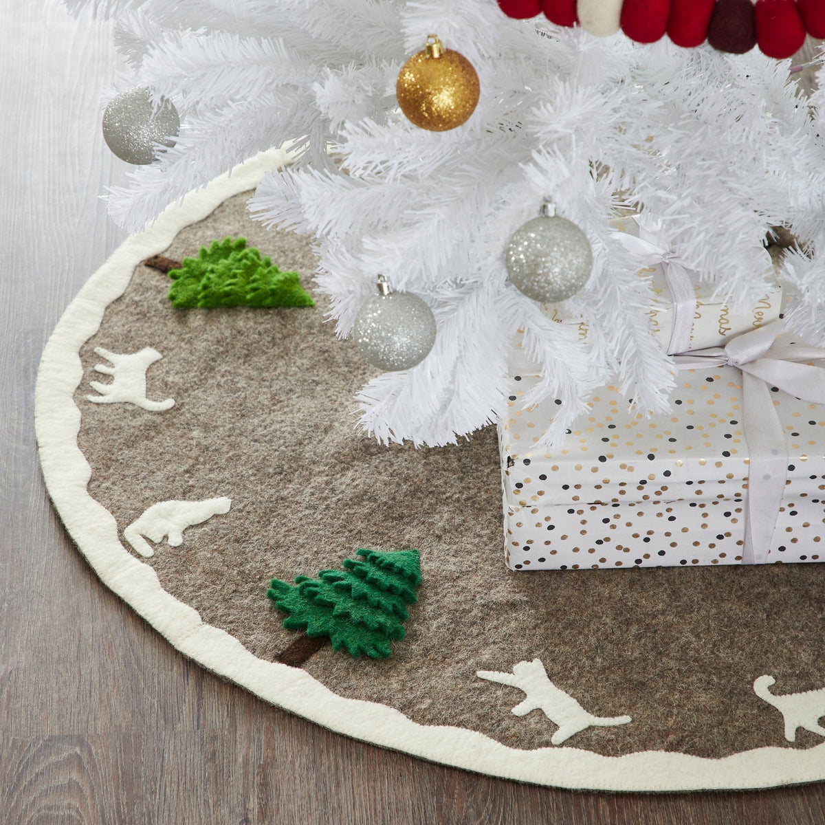 Handmade Felted Cats and Green Trees Grey Christmas Tree Skirt 36",