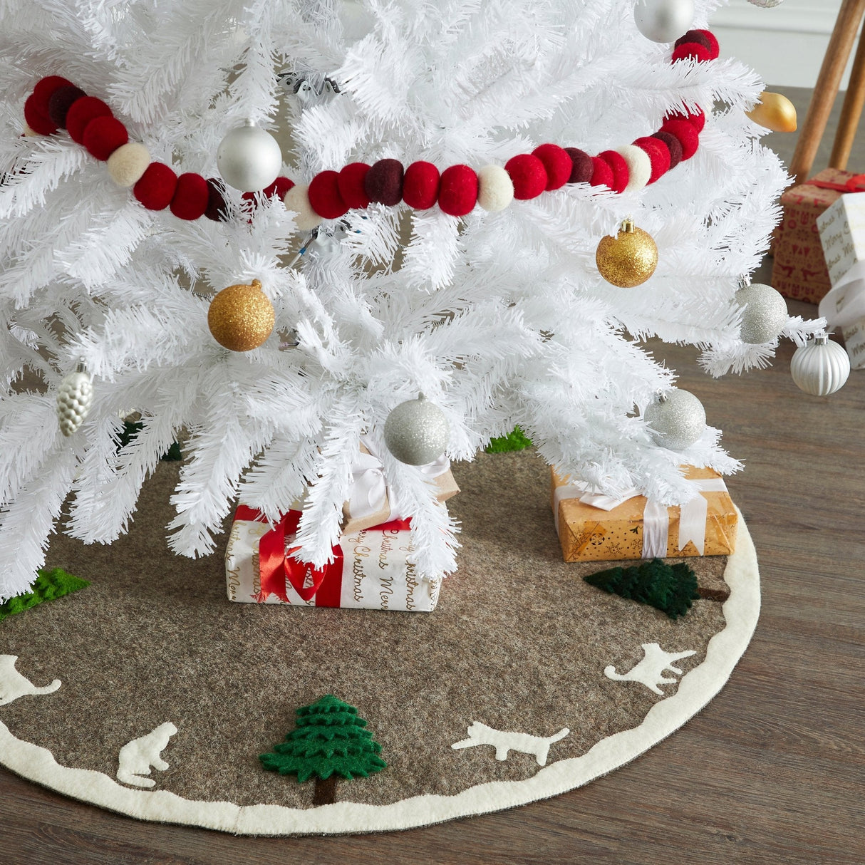 Handmade Felted Cats and Green Trees Grey Christmas Tree Skirt 36", Arcadia Home