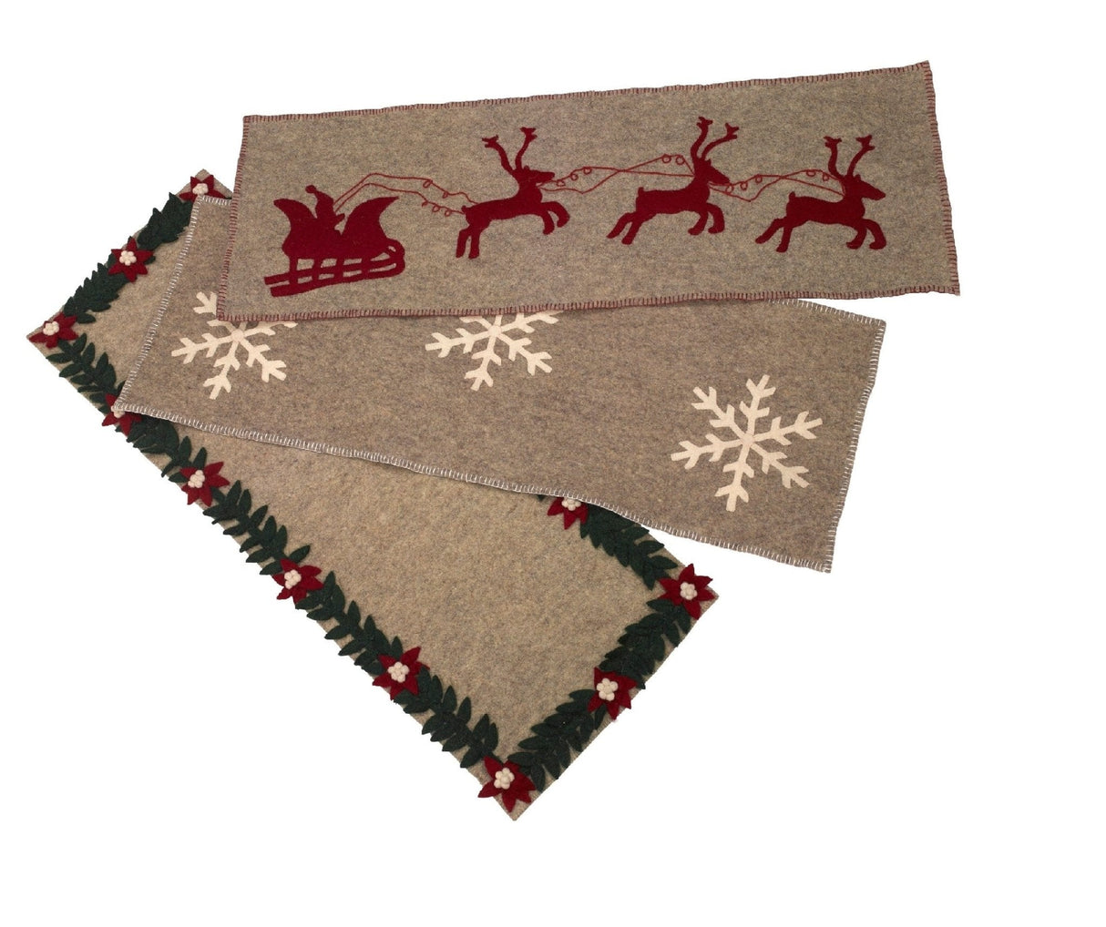 Gray Hand Felted Wool Christmas Table Runner - Reindeer and Sleigh - 16"x44" Arcadia Home