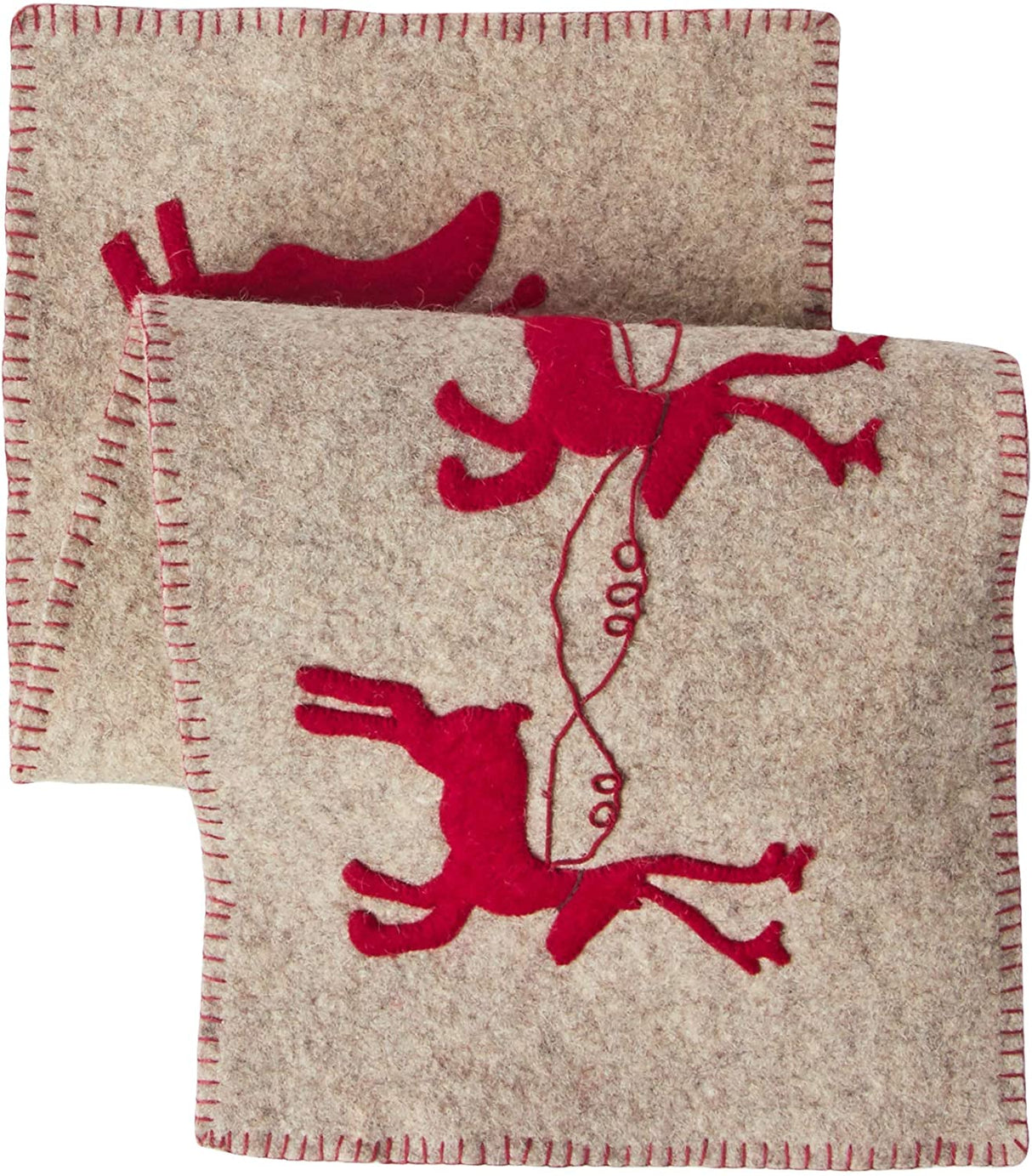 Gray Hand Felted Wool Christmas Table Runner - Reindeer and Sleigh - 16"x44" Arcadia Home