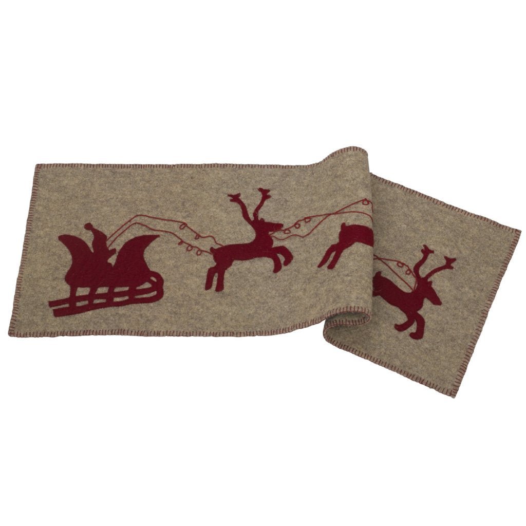 Gray Hand Felted Wool Christmas Table Runner - Reindeer and Sleigh - 16"x44" Arcadia Home