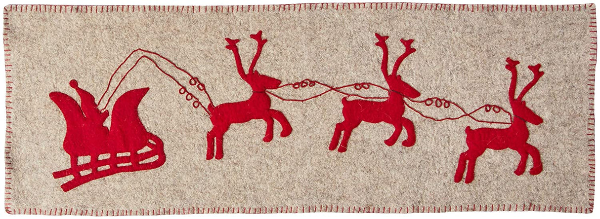 Gray Hand Felted Wool Christmas Table Runner - Reindeer and Sleigh - 16"x44" Arcadia Home