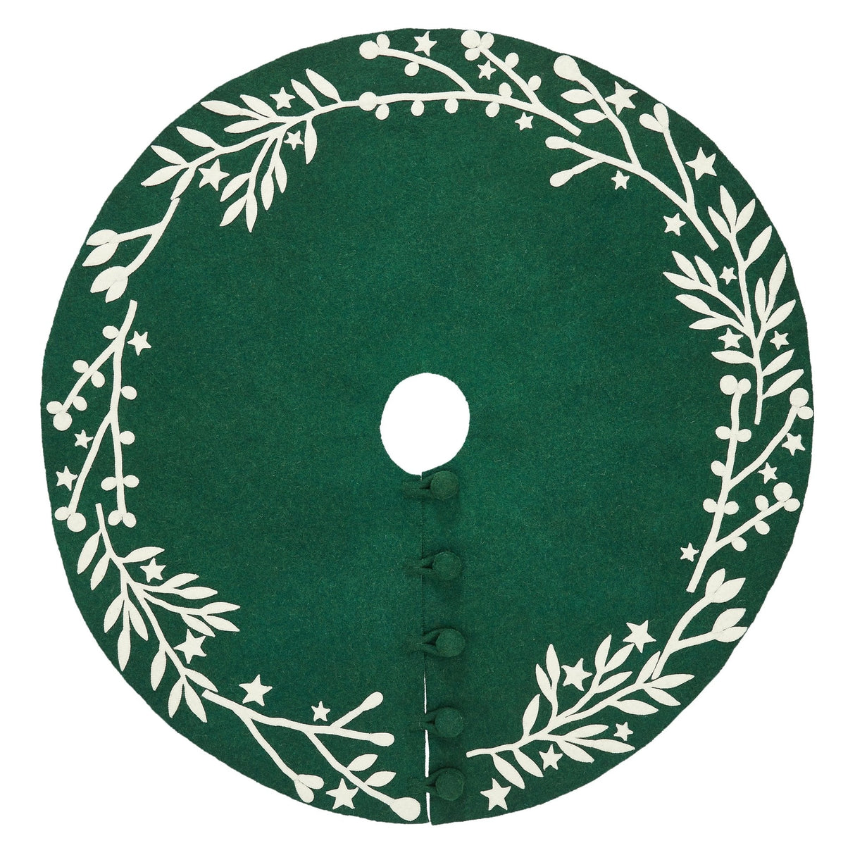 Handmade Felt Cream Branches and Stars Green Christmas Tree Skirt 60" Arcadia Home