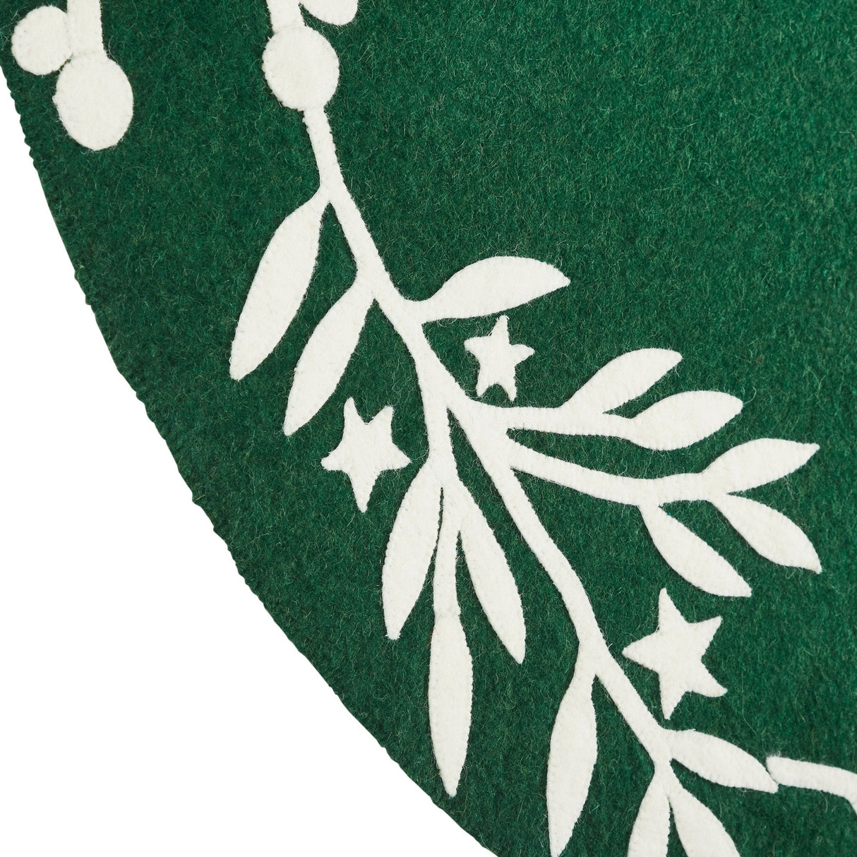 Handmade Felt Cream Branches and Stars Green Christmas Tree Skirt 60" Arcadia Home