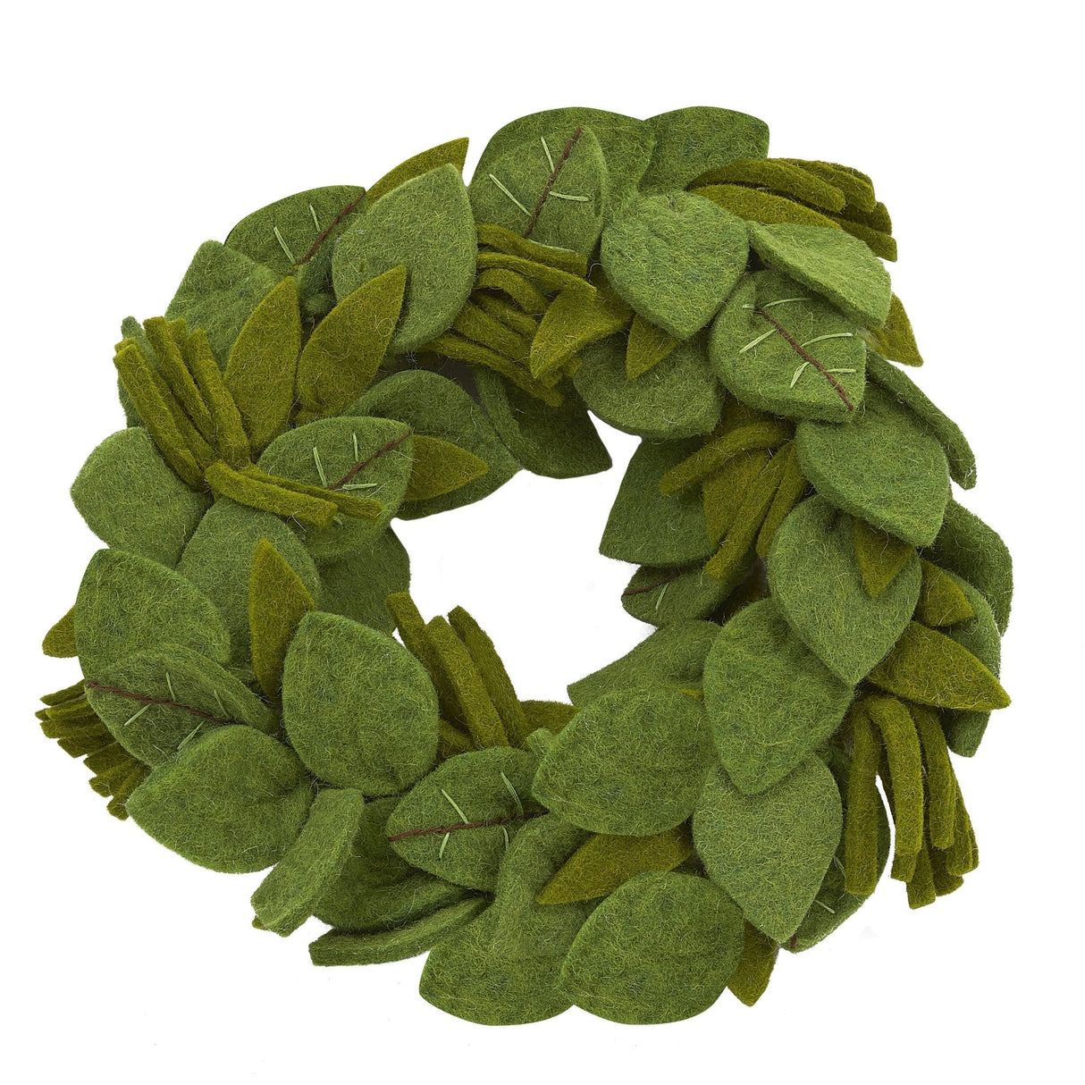 Handmade Hand Felted Wool Wreath - Green Leaves Embroidery - 14"