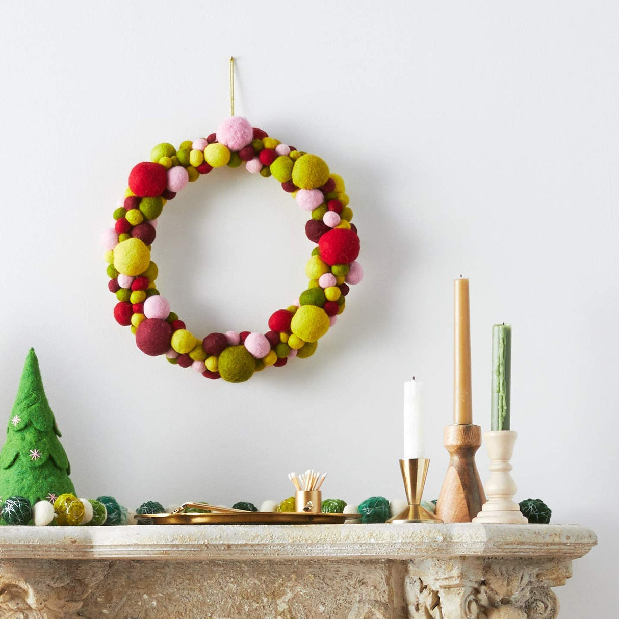 Handmade Hand Felted Wool Wreath - Multicolor Ball - 14" Arcadia Home