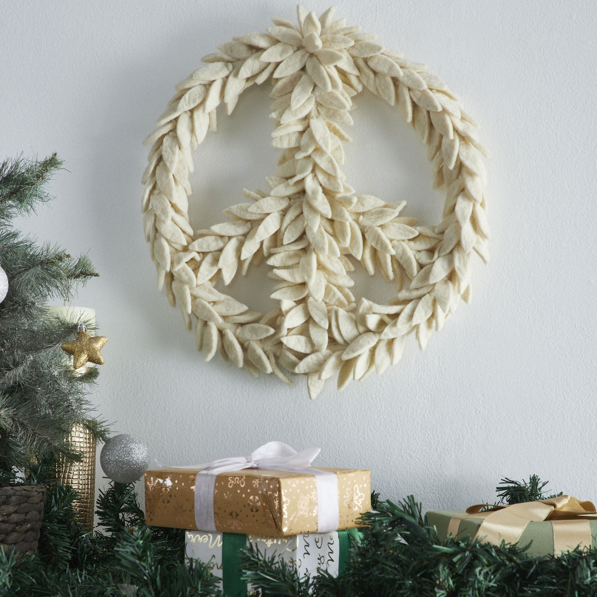 Handmade Hand Felted Wool Wreath - Peace Symbol Cream - 14" Arcadia Home