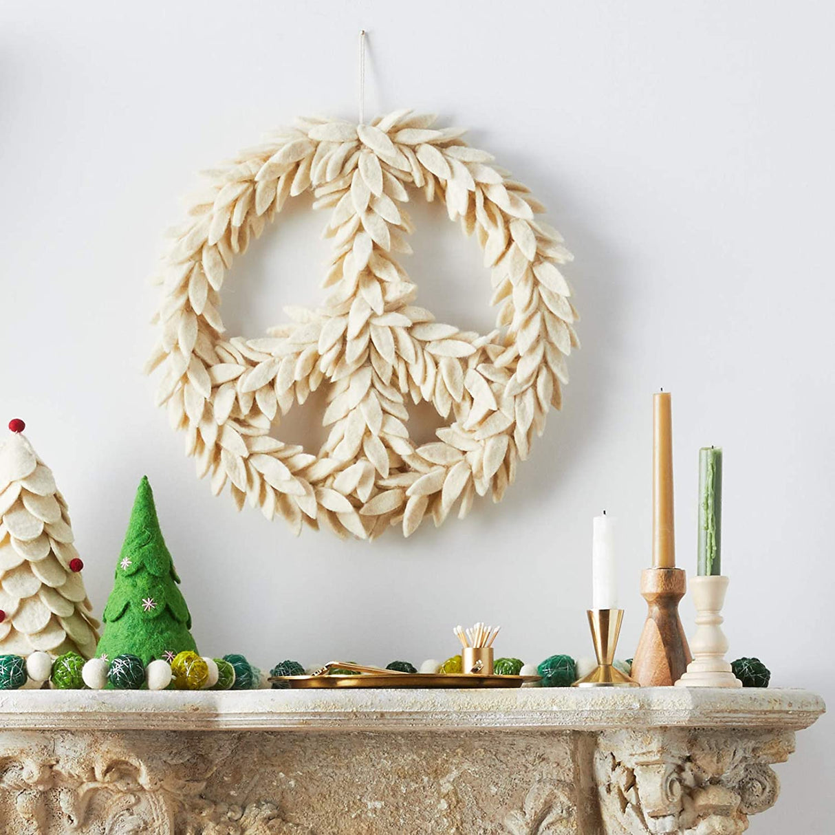 Handmade Hand Felted Wool Wreath - Peace Symbol Cream - 14" Arcadia Home