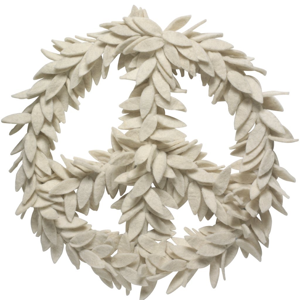 Handmade Hand Felted Wool Wreath - Peace Symbol Cream - 14" Arcadia Home