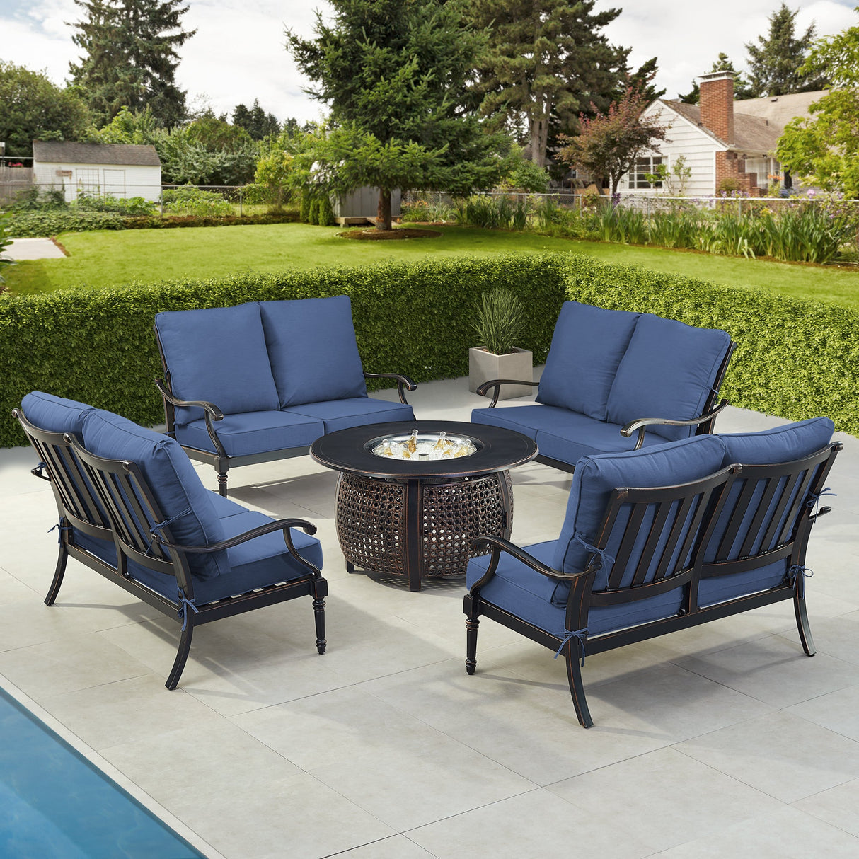 Black Aluminum Fire Table Set with Four Deep Seating Loveseats