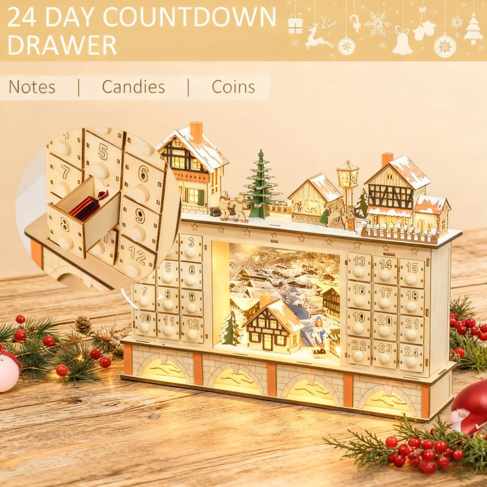 Light Up Table Xmas Wooden Store Holiday Decoration,Christmas Advent Calendar with Countdown Drawer, Village