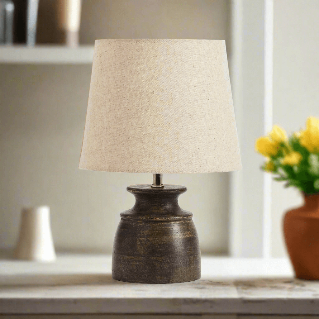 Petite Mango Wood Desk Lamp with Natural Linen Shade
