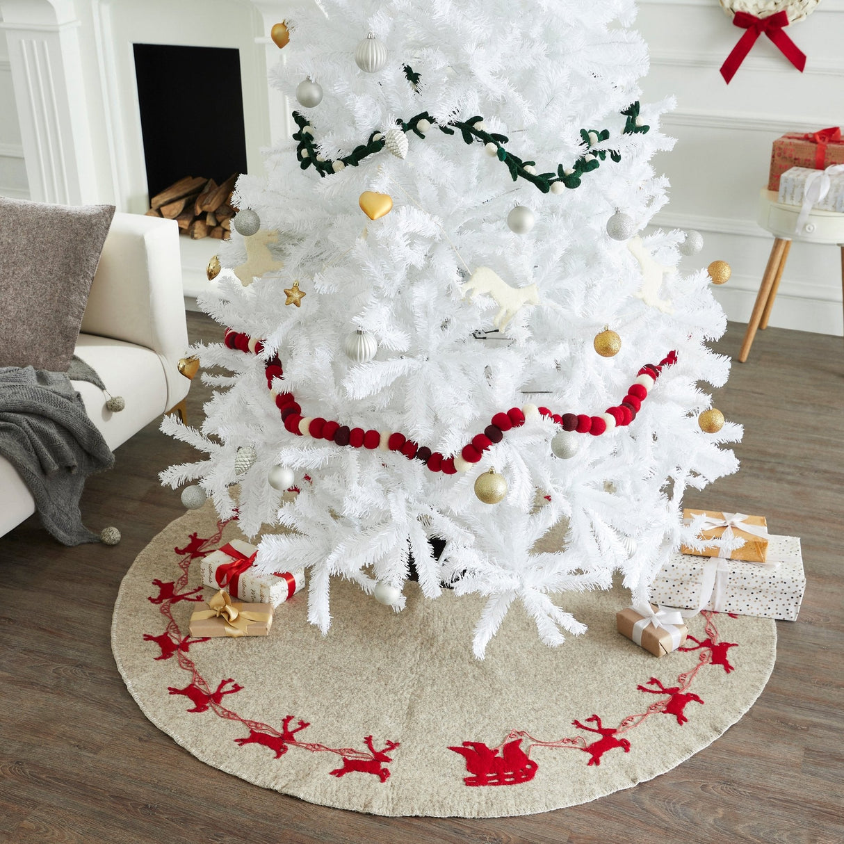 Handmade Reindeer Christmas Tree Skirt- Grey Red Reindeer And Cream Whip Stitch-72" Arcadia Home