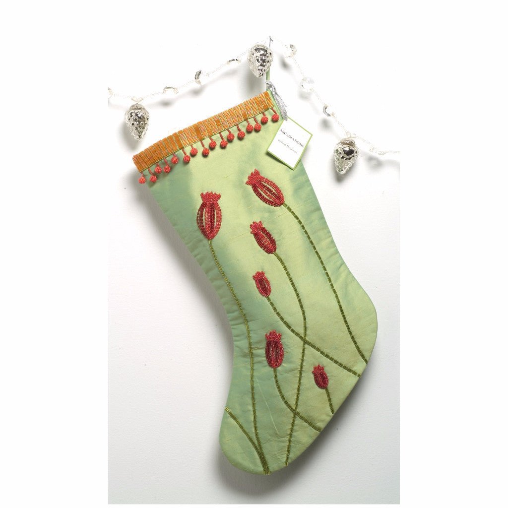 Silk Christmas Stocking Green Hand Beaded Poppies Arcadia Home