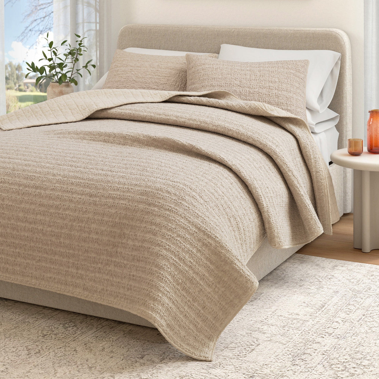 Cotton Honeycomb Waffle Garment Washed Quilt Set