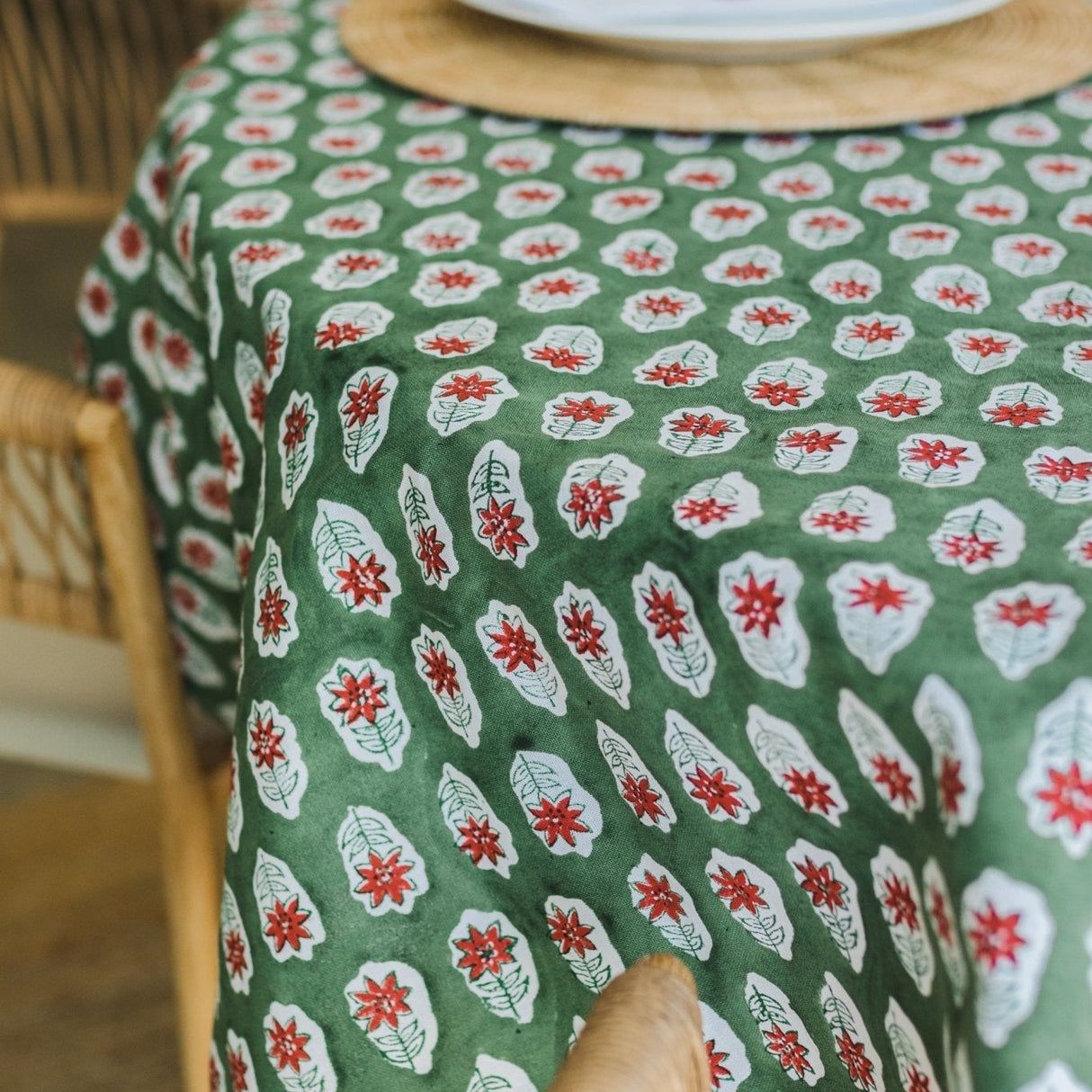 Table Throw - Poinsettia, Sage & Red