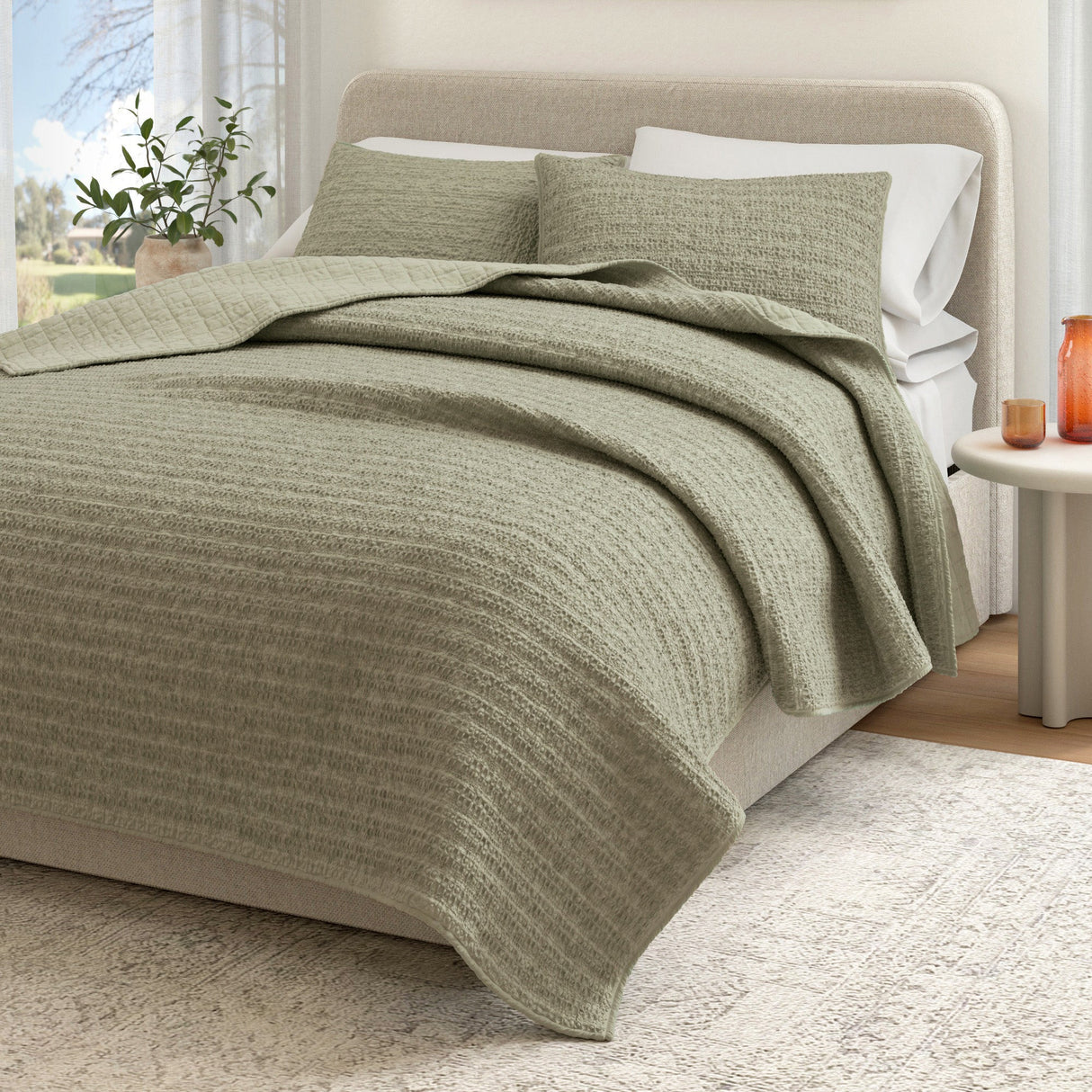 Cotton Honeycomb Waffle Garment Washed Quilt Set