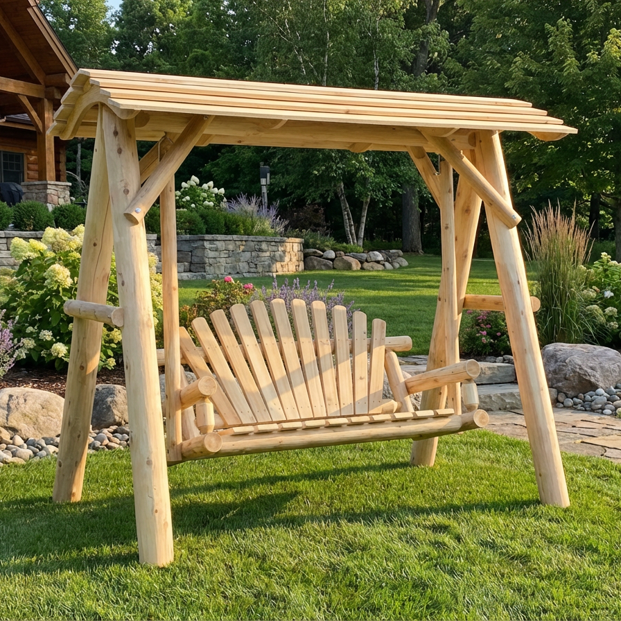 Wooden swing set in a garden setting with green grass and trees.