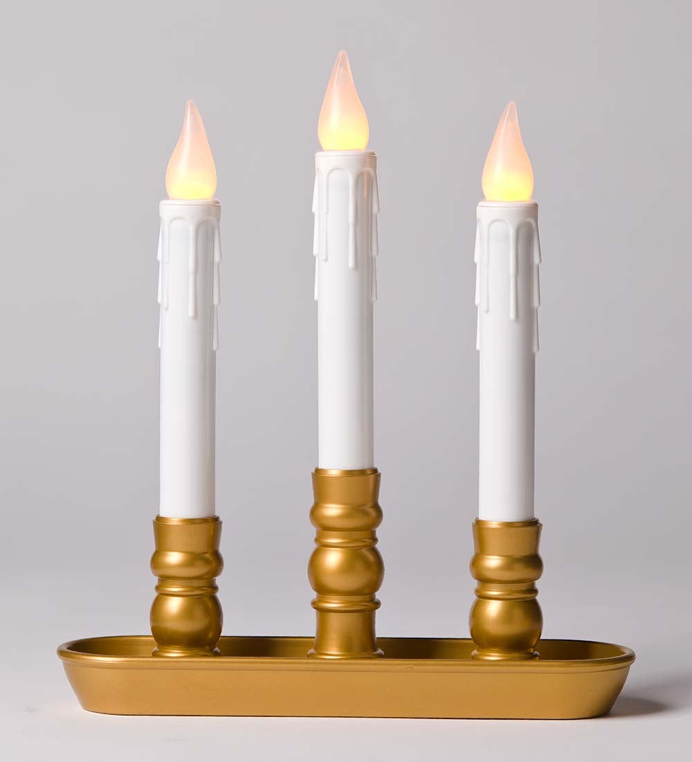 Battery-Operated LED Colonial Window Triple Candle - Antique Gold