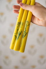 Set of 3 Yellow Floral Inlaid Tapered Candles