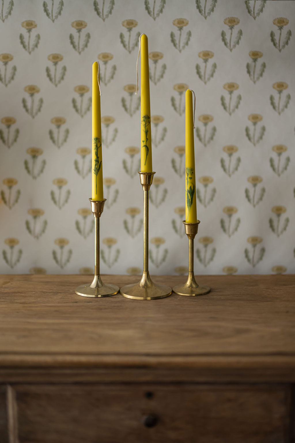 Set of 3 Yellow Floral Inlaid Tapered Candles