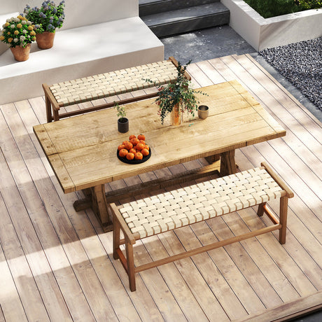 Teak Wood Patio Bench with Woven Seat