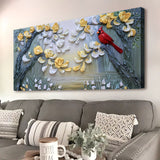 Golden Petals and Scarlet Wings Impasto Wall Art